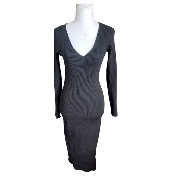 Jonathan Simkhai V-Neck Ribbed Stretchy Black Midi Dress Long Sleeve Cocktail - Picture 10 of 16